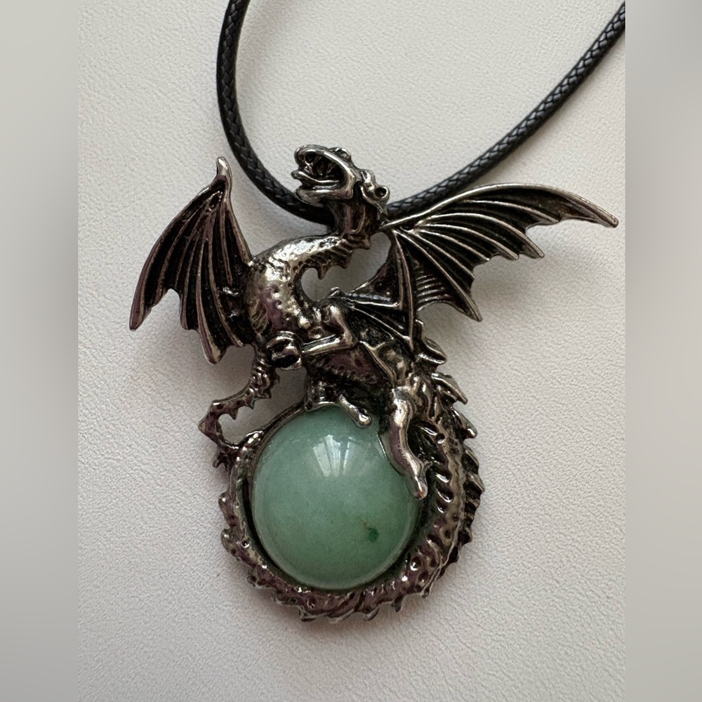 New Silver Dragon Pendant Necklace with Adventurine Gemstone